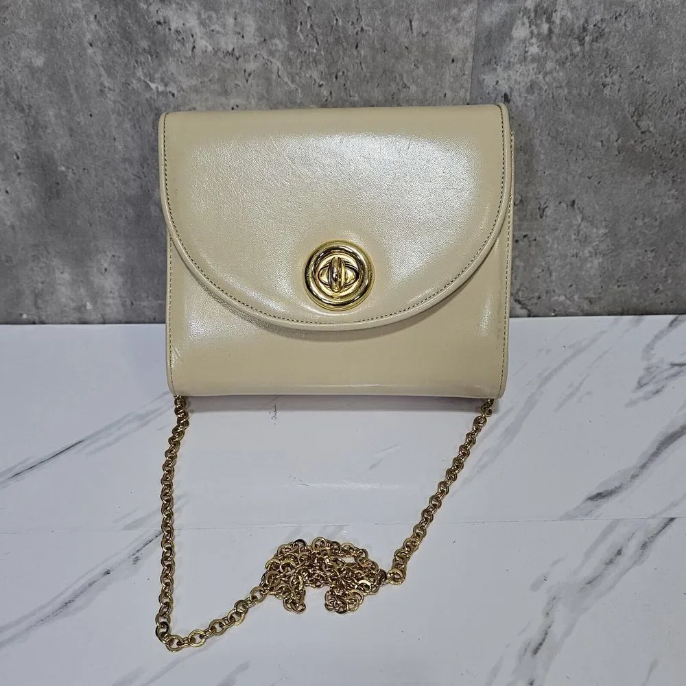 Vintage 60s Theodore Taupe Cream Mini‎ Leather Crossbody Bag with Gold Hardware
